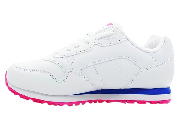 Tenis FILA CRESS PLUS color blanco con franja azul y suela rosa.