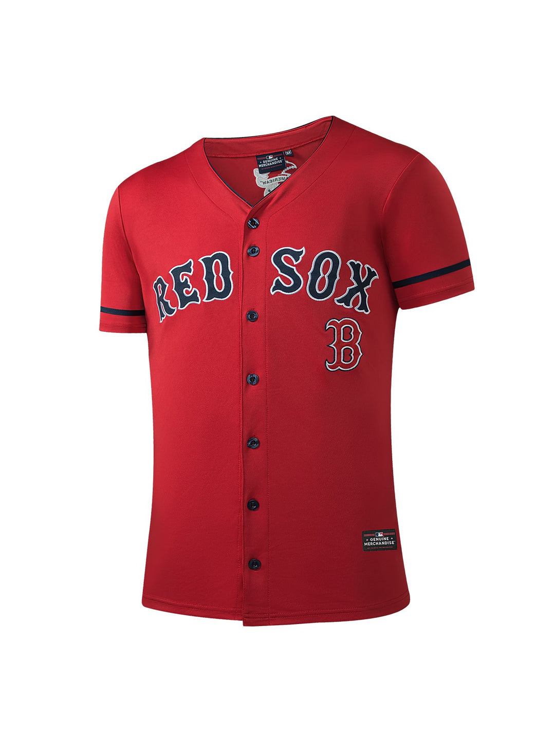 Jersey de béisbol rojo de los Boston Red Sox con letras en azul marino y botones frontales.