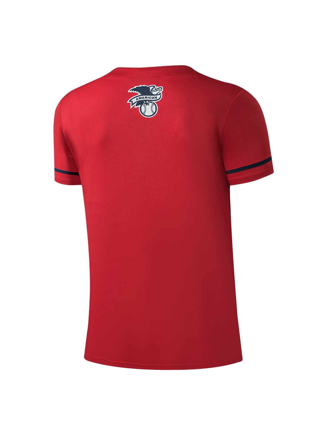 Jersey de béisbol rojo de los Boston Red Sox con letras en azul marino y botones frontales.