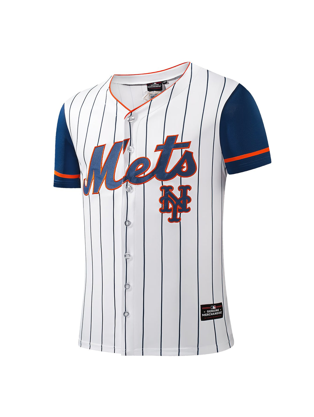 Jersey de béisbol blanco con rayas azules, mangas azules y logotipo de los New York Mets en naranja y azul.