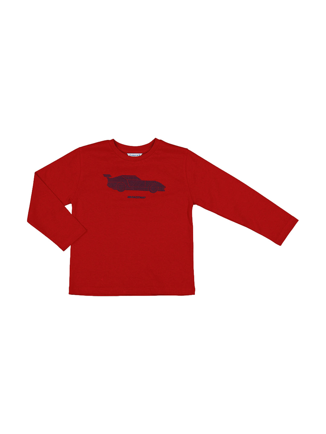 Camiseta roja de manga larga para niño con estampado de un auto y la palabra RACEWAY en el pecho.