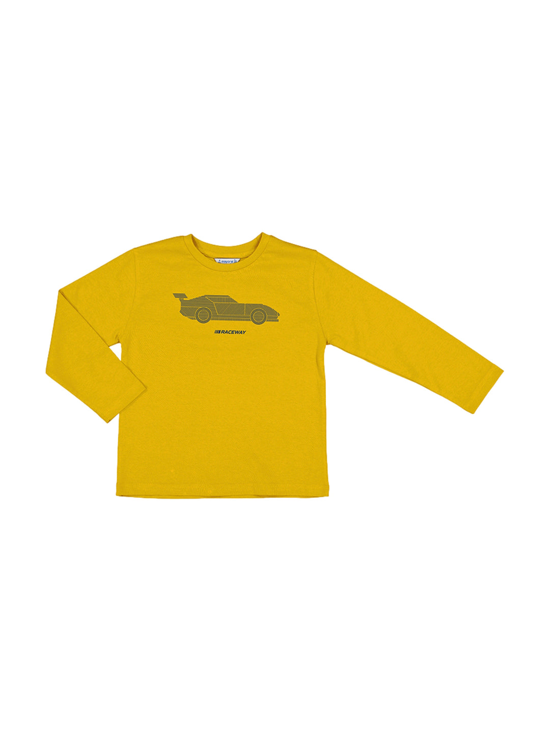 Camiseta de manga larga color mostaza para niño con estampado de un coche y el texto RACEWAY.