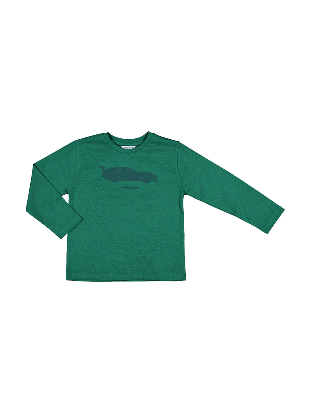 Camiseta verde bosque de manga larga para niño con estampado de coche y texto RACEWAY.