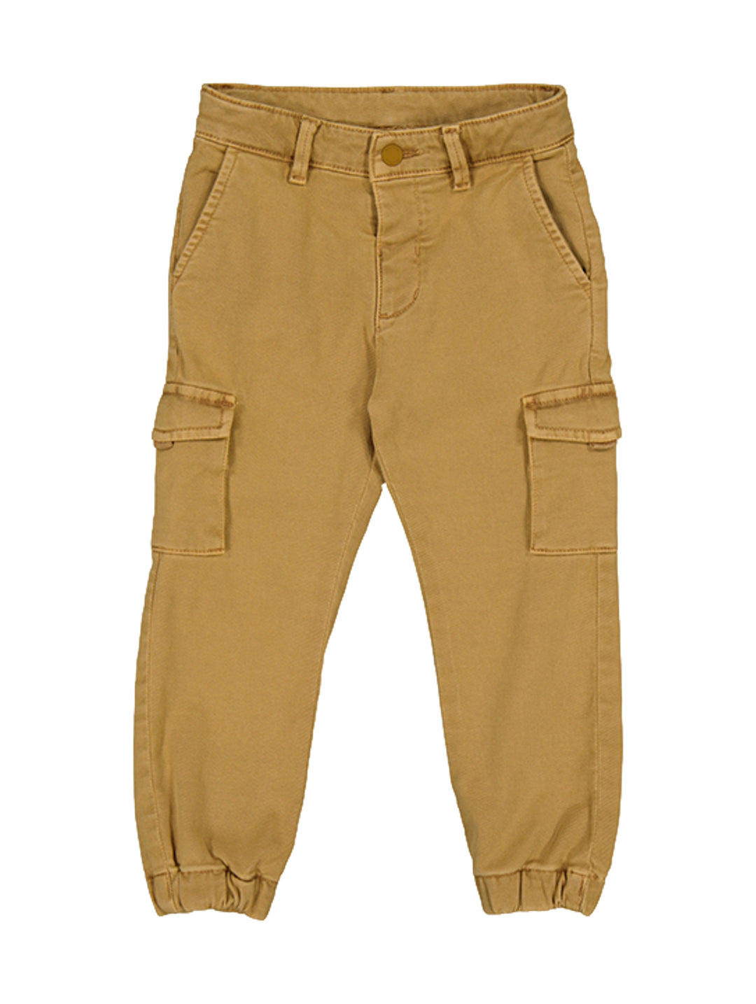 Pantalón cargo infantil de color castaño con bolsillos laterales y puños elásticos en los tobillos.