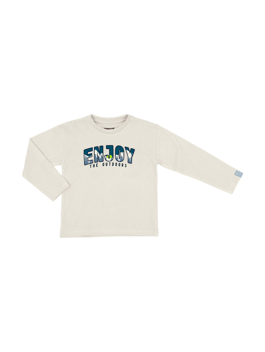 Camiseta de manga larga color nata para niño con estampado azul &
