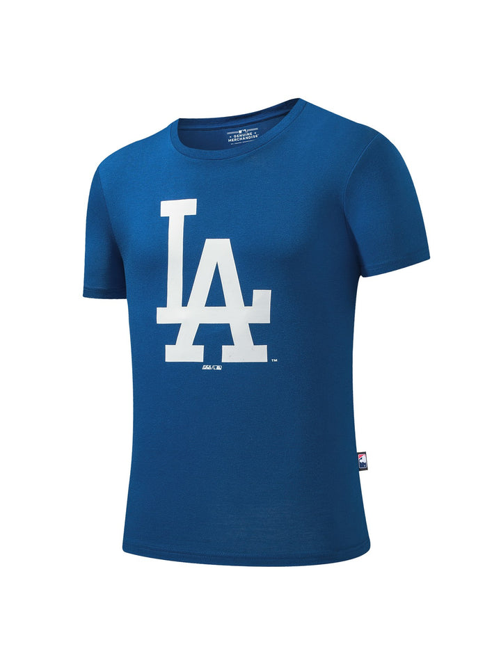 Camiseta azul de manga corta con logotipo blanco de los Dodgers de Los Ángeles.