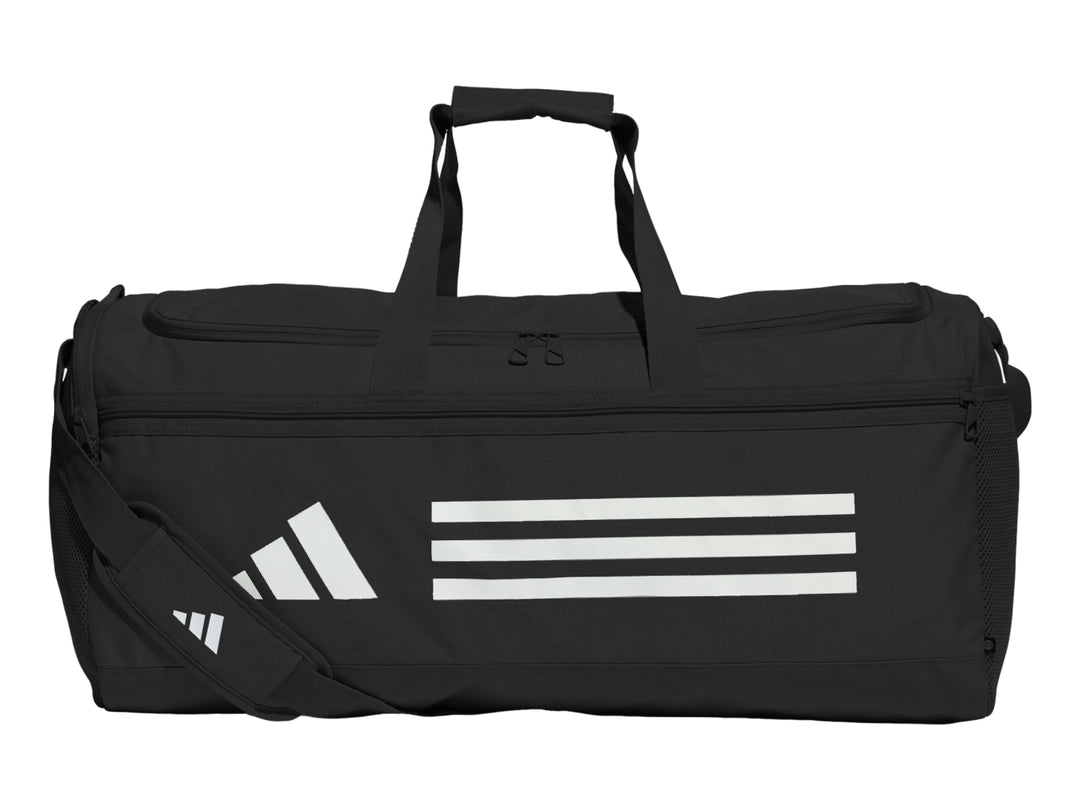 Maleta deportiva Adidas TR Duffle M color negro con franjas blancas laterales.