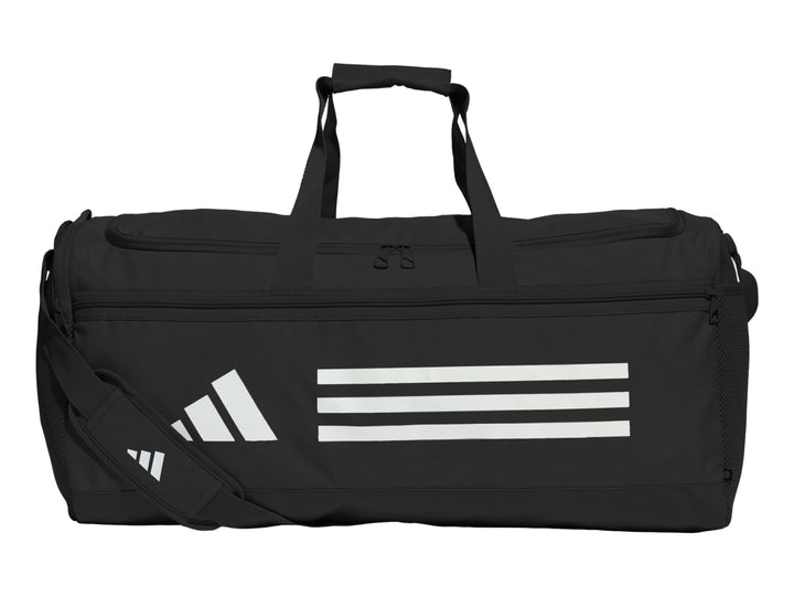 Maleta deportiva Adidas TR Duffle M color negro con franjas blancas laterales.