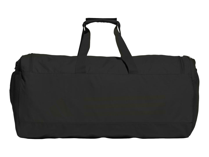 Maleta deportiva Adidas TR Duffle M color negro con franjas blancas laterales.