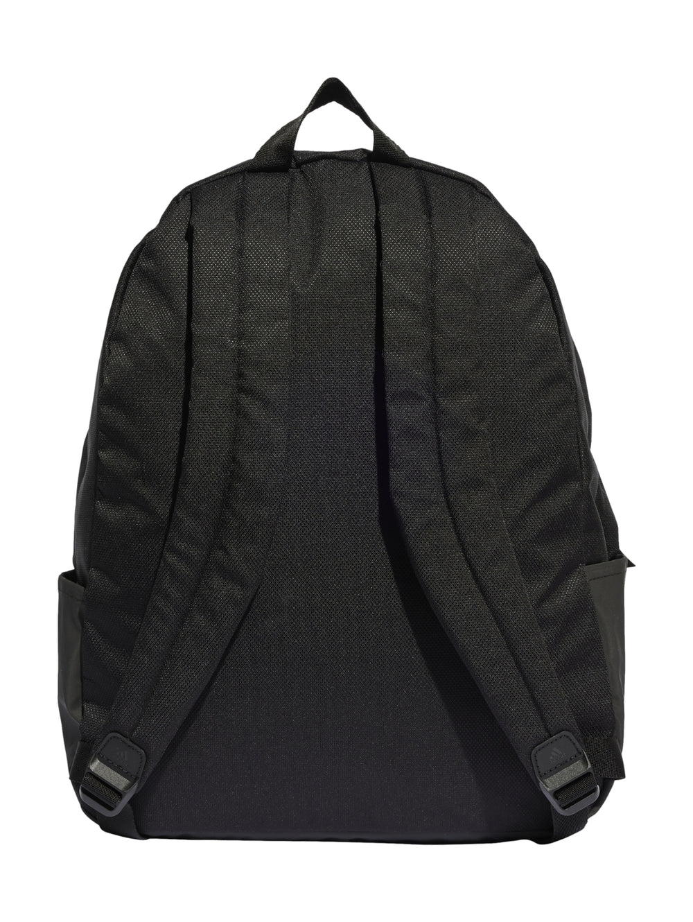 Mochila escolar Adidas de color negro con logotipo en beige en el bolsillo frontal.