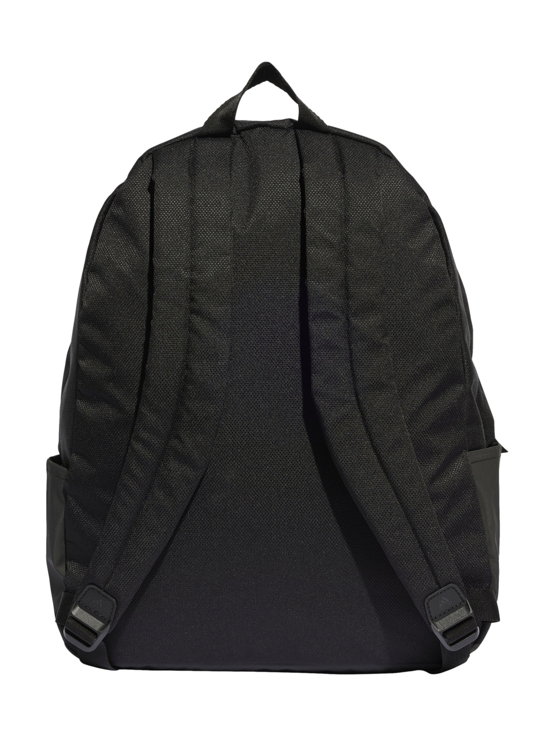 Mochila escolar Adidas de color negro con logotipo en beige en el bolsillo frontal.