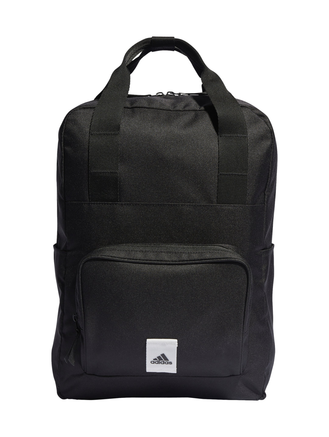 Mochila Adidas Prime de color negro con bolsillo frontal y asa superior sobre fondo blanco.