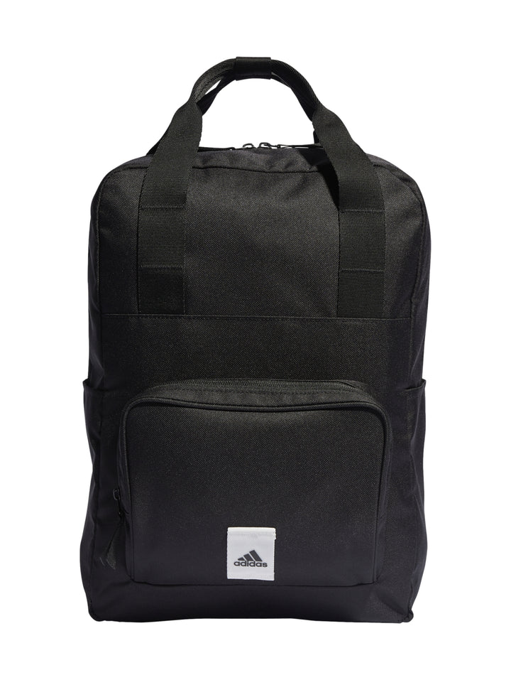 Mochila Adidas Prime de color negro con bolsillo frontal y asa superior sobre fondo blanco.