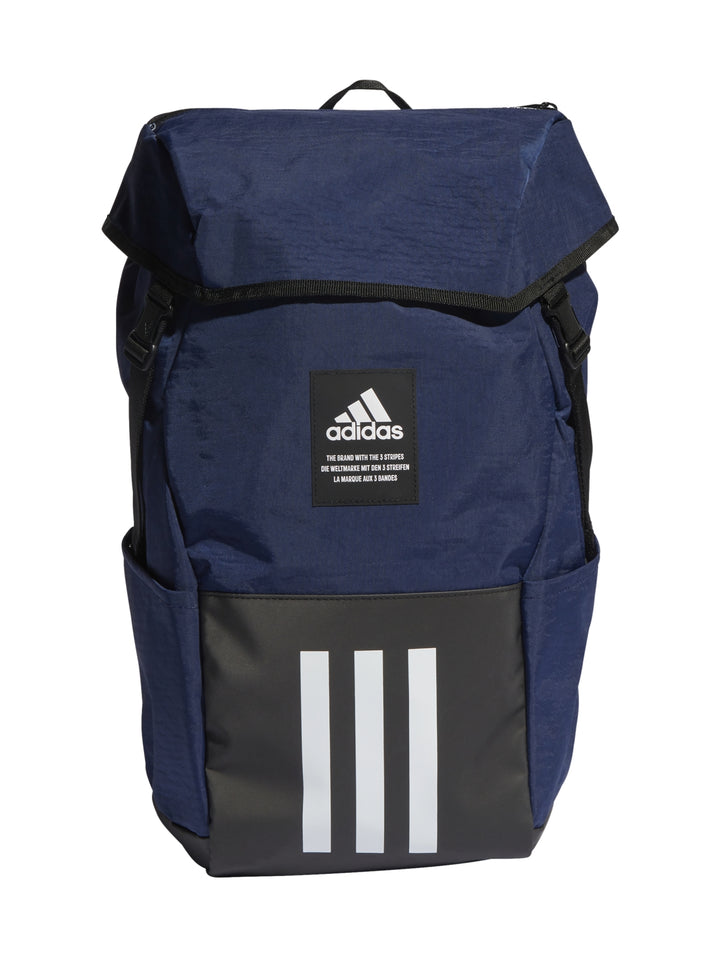 Mochila Adidas en color azul oscuro con base negra y detalles en blanco, estilo deportivo.