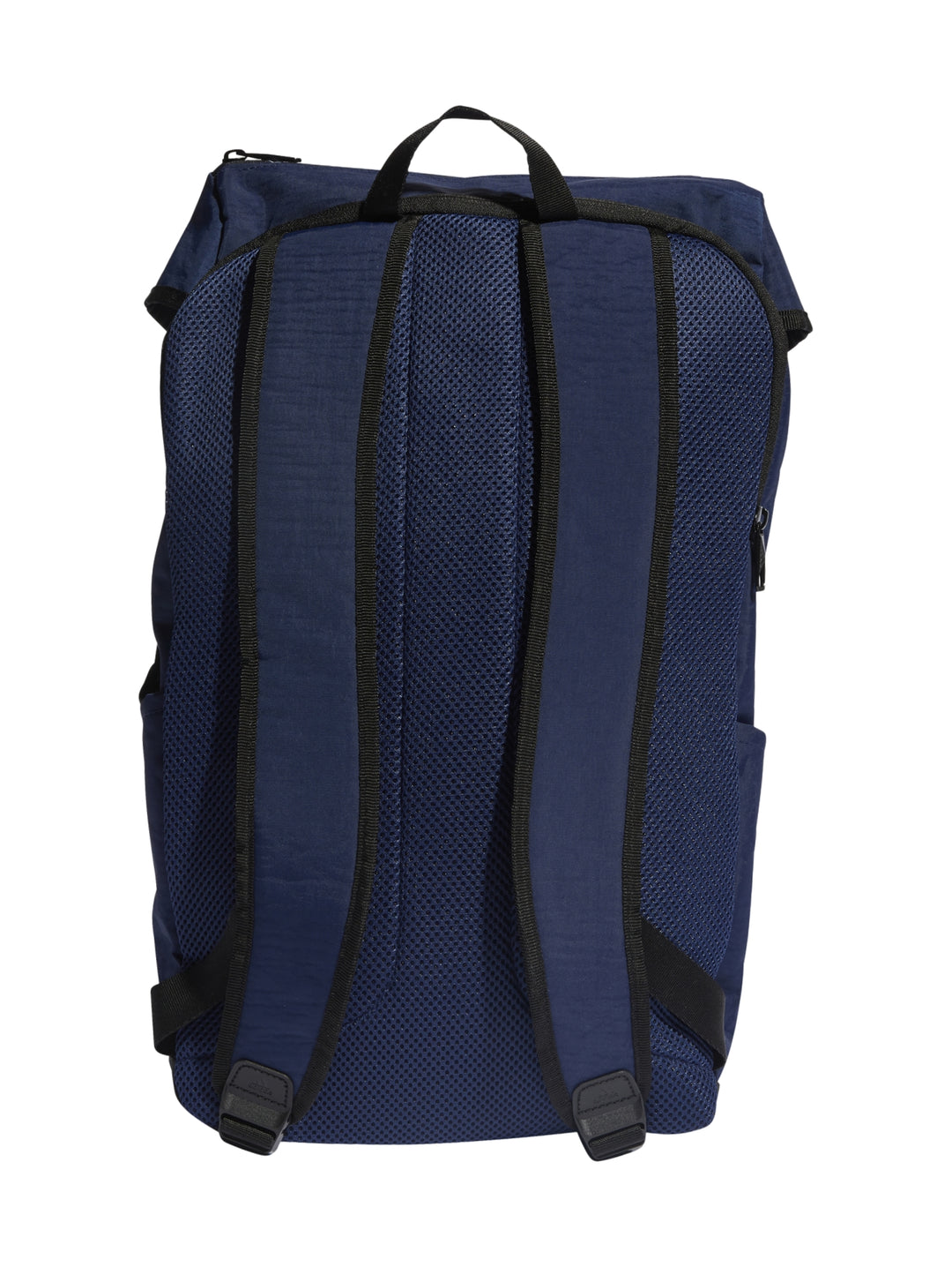 Mochila Adidas en color azul oscuro con base negra y detalles en blanco, estilo deportivo.