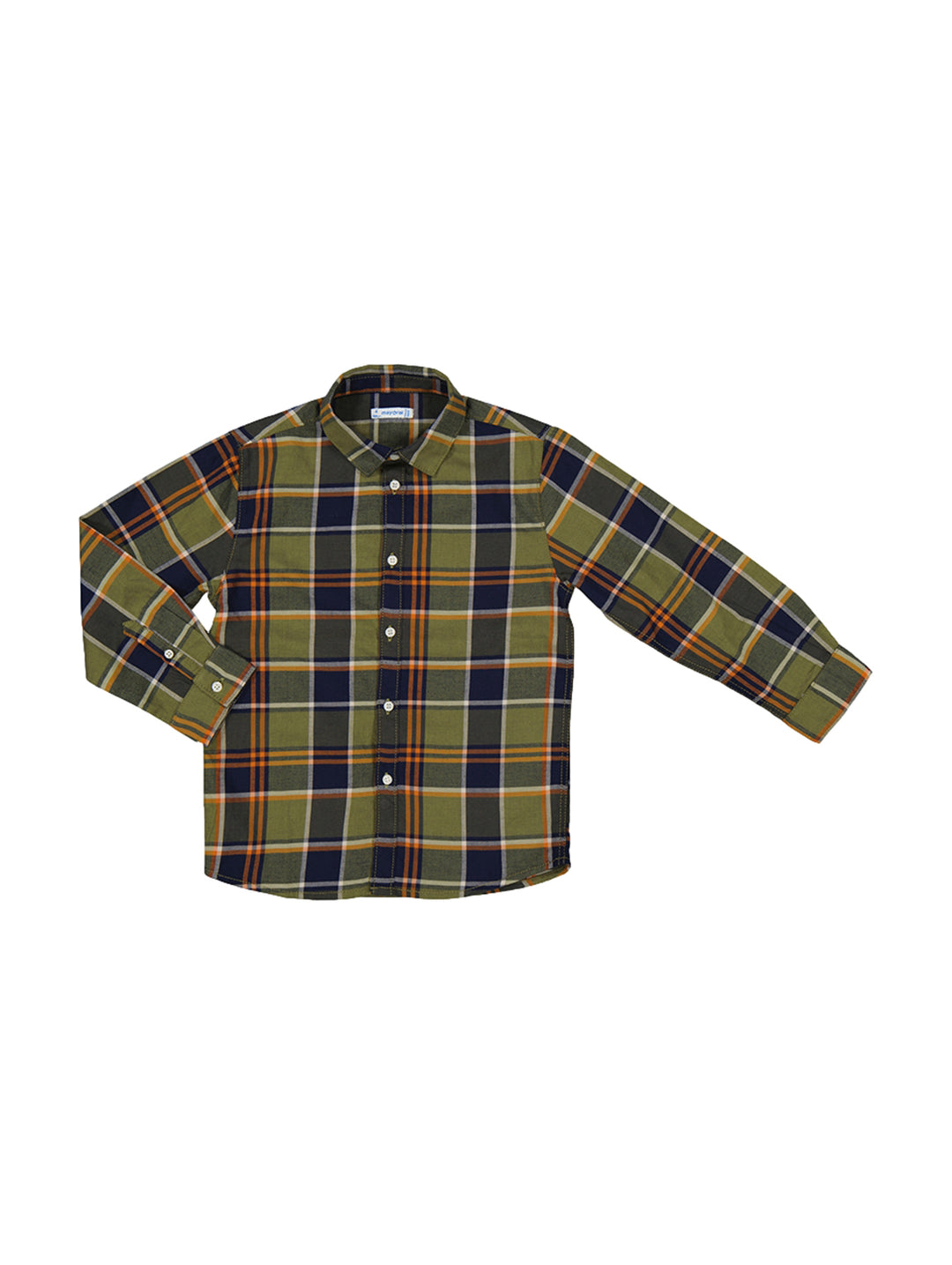 Camisa de manga larga para niño con patrón de cuadros en tonos verde, azul y naranja.