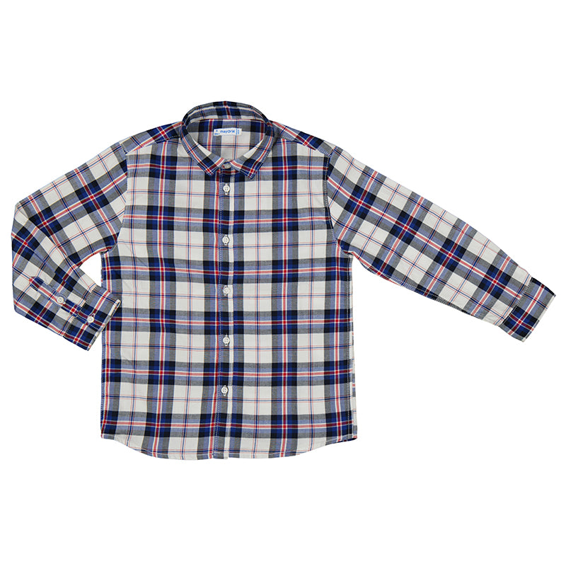 Camisa de manga larga para niño con estampado de cuadros en colores blanco, azul marino y rojo.