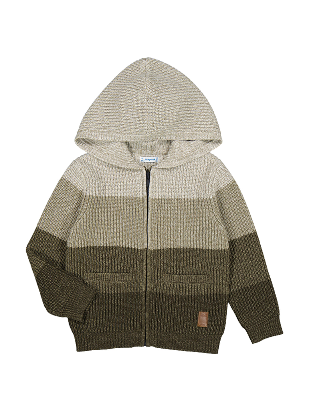 Sudadera de punto para niño con capucha y cierre frontal en bloques de colores beige, oliva y marrón.