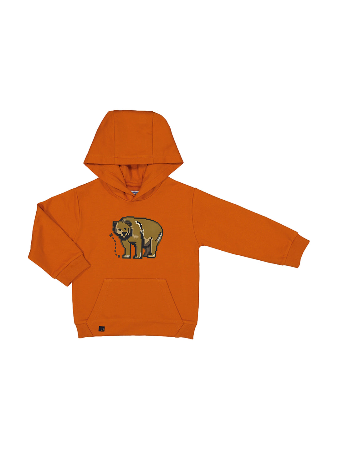 Sudadera color azafrán con capucha y estampado de oso pixelado en el pecho.