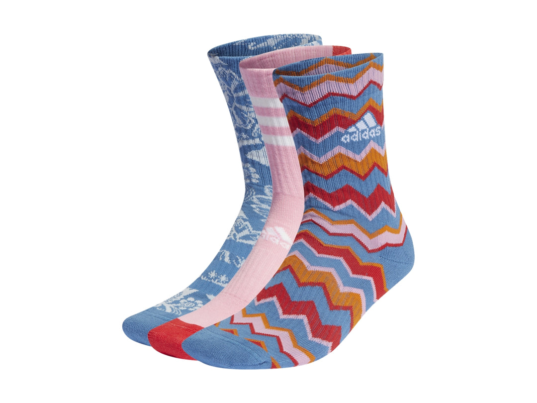 Paquete de tres pares de calcetines Adidas en colores azul, rosa y multicolor con diseño de zigzag.