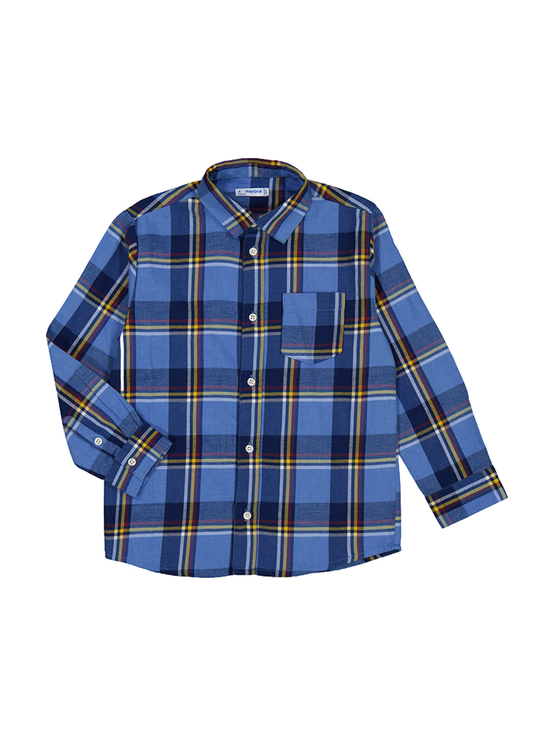 Camisa de manga larga para niño con diseño de cuadros en color azul cielo y amarillo.