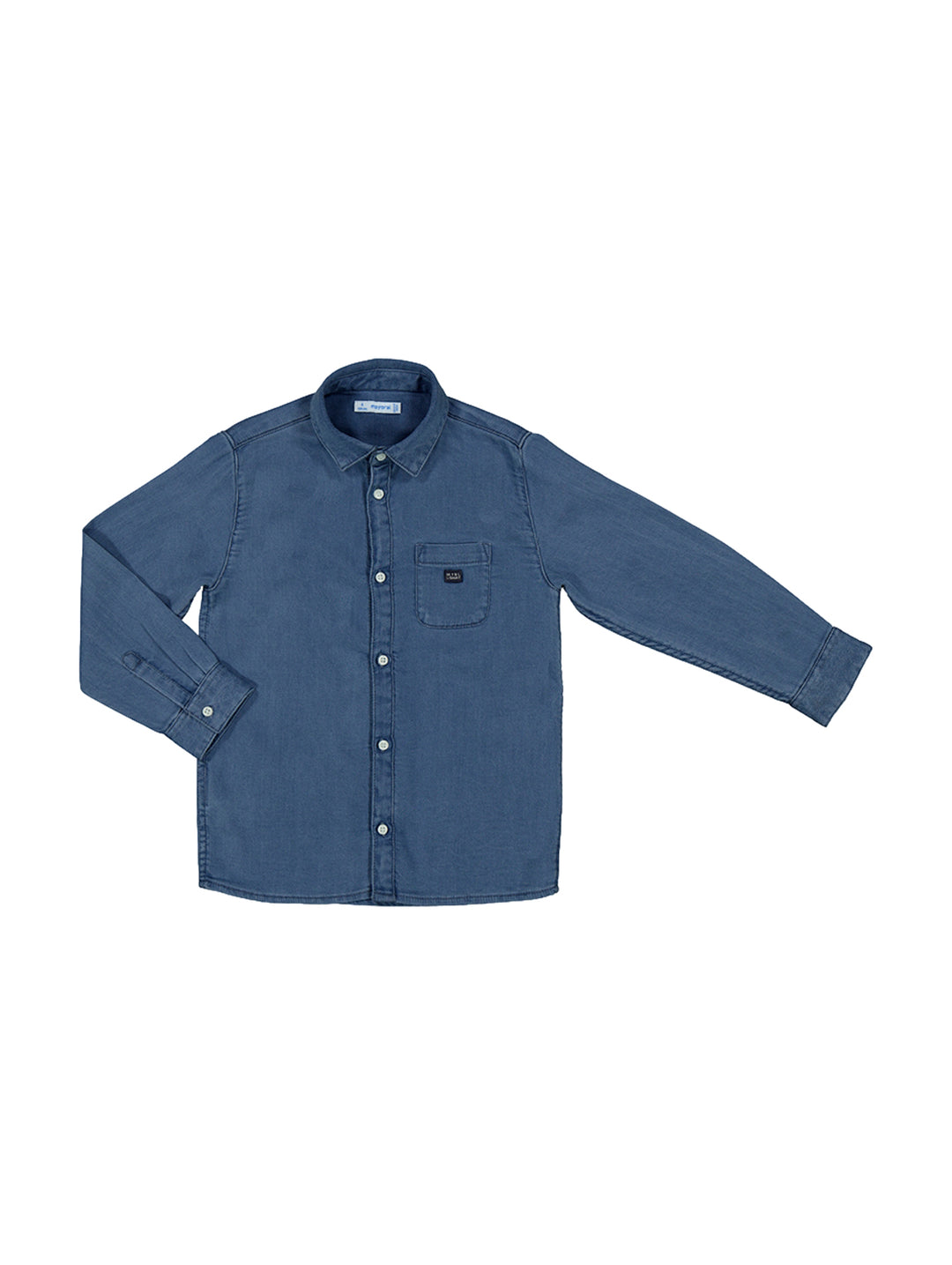 Camisa de mezclilla azul oscuro de manga larga para Niño con un bolsillo frontal.