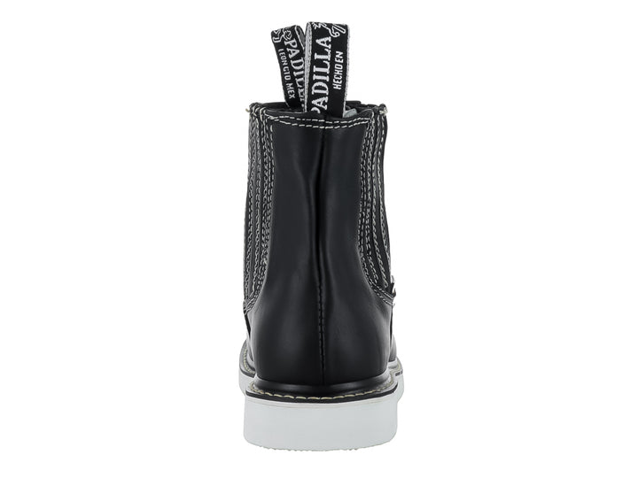 Bota industrial Padilla de cuero negro con suela blanca y costuras blancas decorativas.