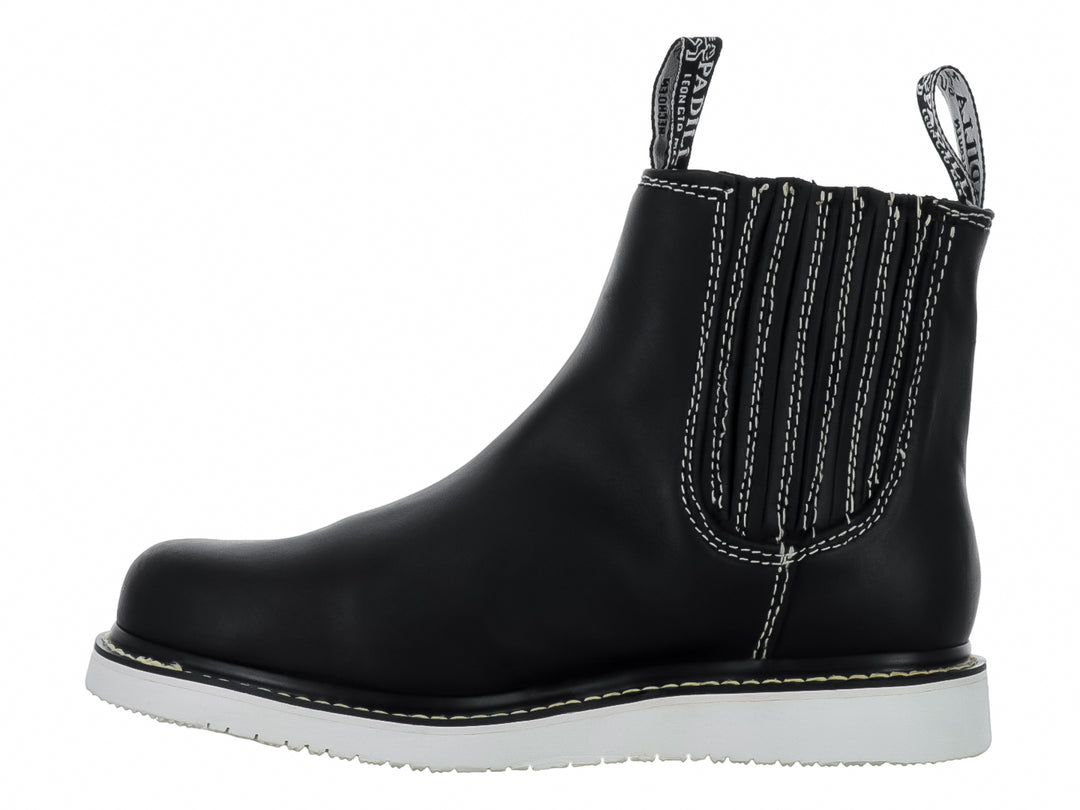 Bota industrial Padilla de cuero negro con suela blanca y costuras blancas decorativas.