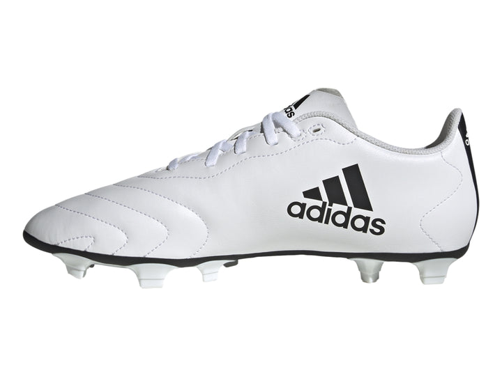Zapato de fútbol Adidas Goletto VIII en color blanco con tres franjas negras laterales y suela de tacos blanca.