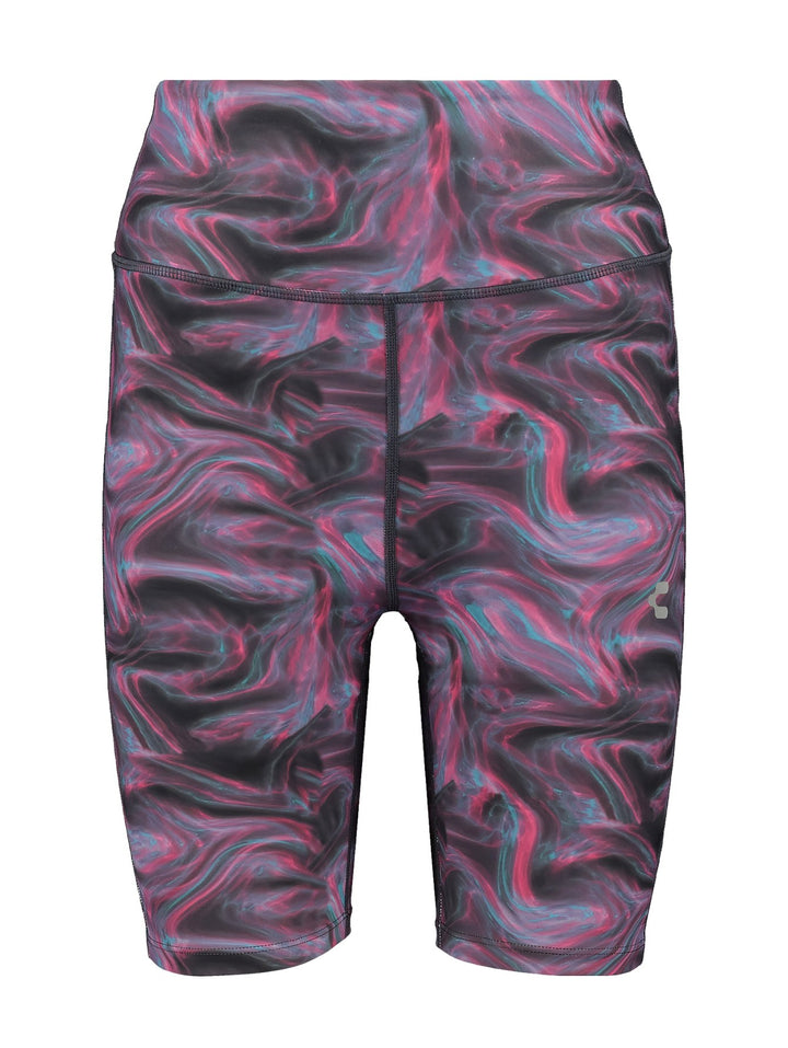 Pantalones cortos tipo biker para mujer con estampado abstracto multicolor en tonos púrpura y negro.