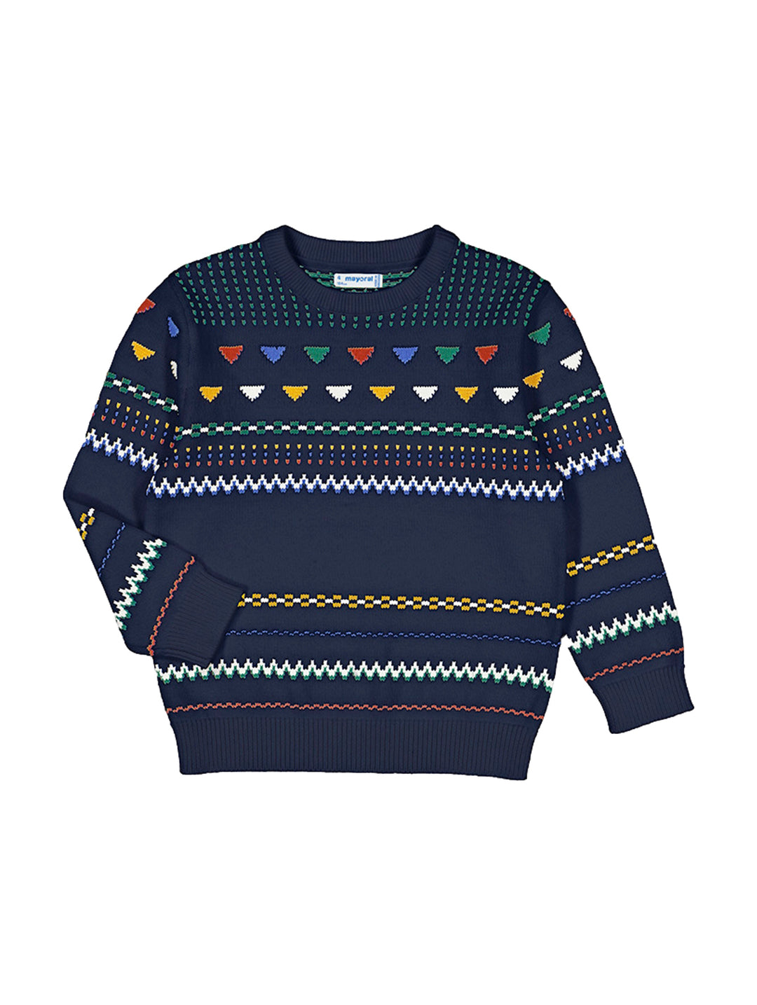 Jersey tejido azul noche con detalles geométricos coloridos en el pecho y mangas.
