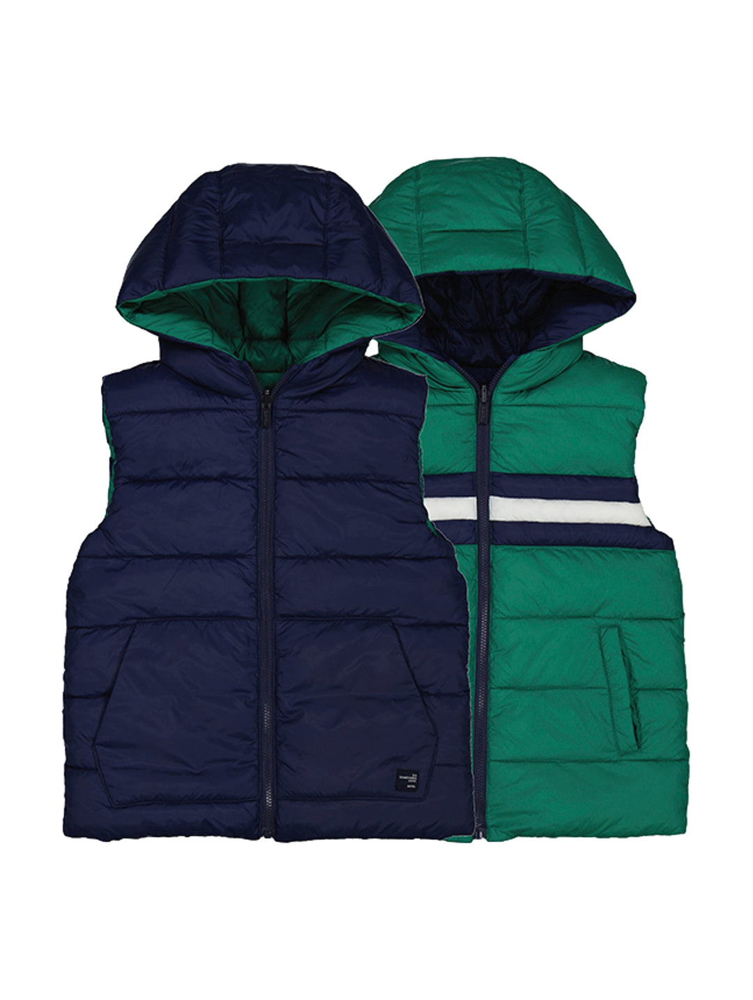 Chaleco reversible acolchado para niño en colores azul marino y verde con capucha.