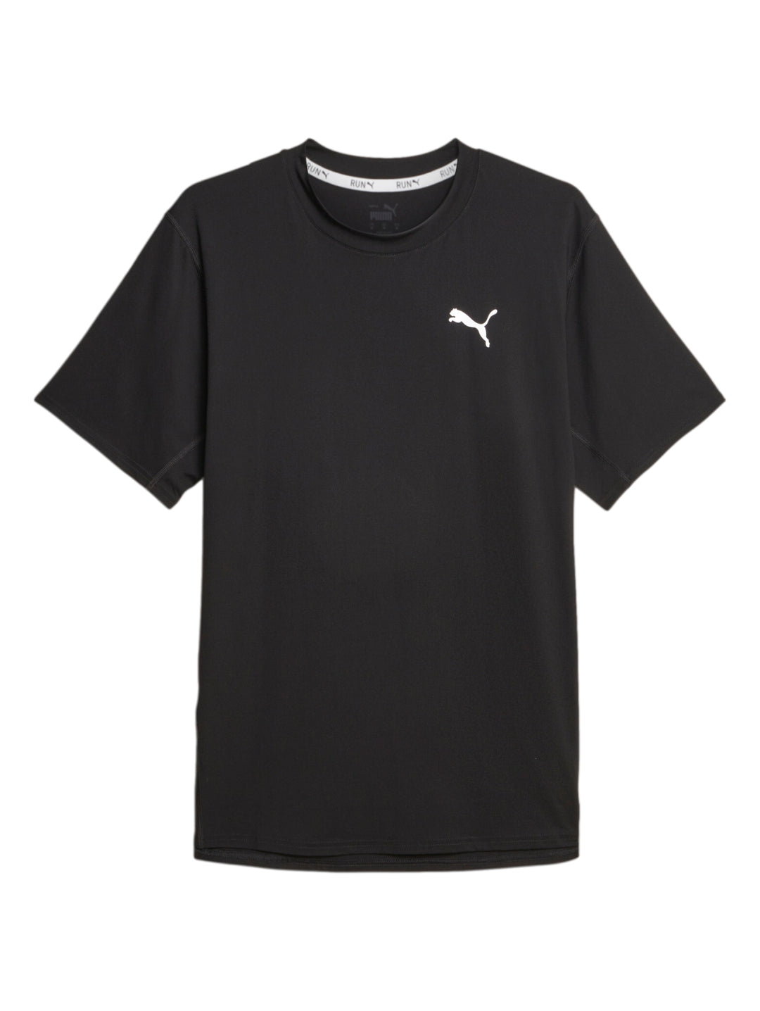 Camiseta deportiva PUMA de manga corta en color negro con logotipo blanco en el pecho.