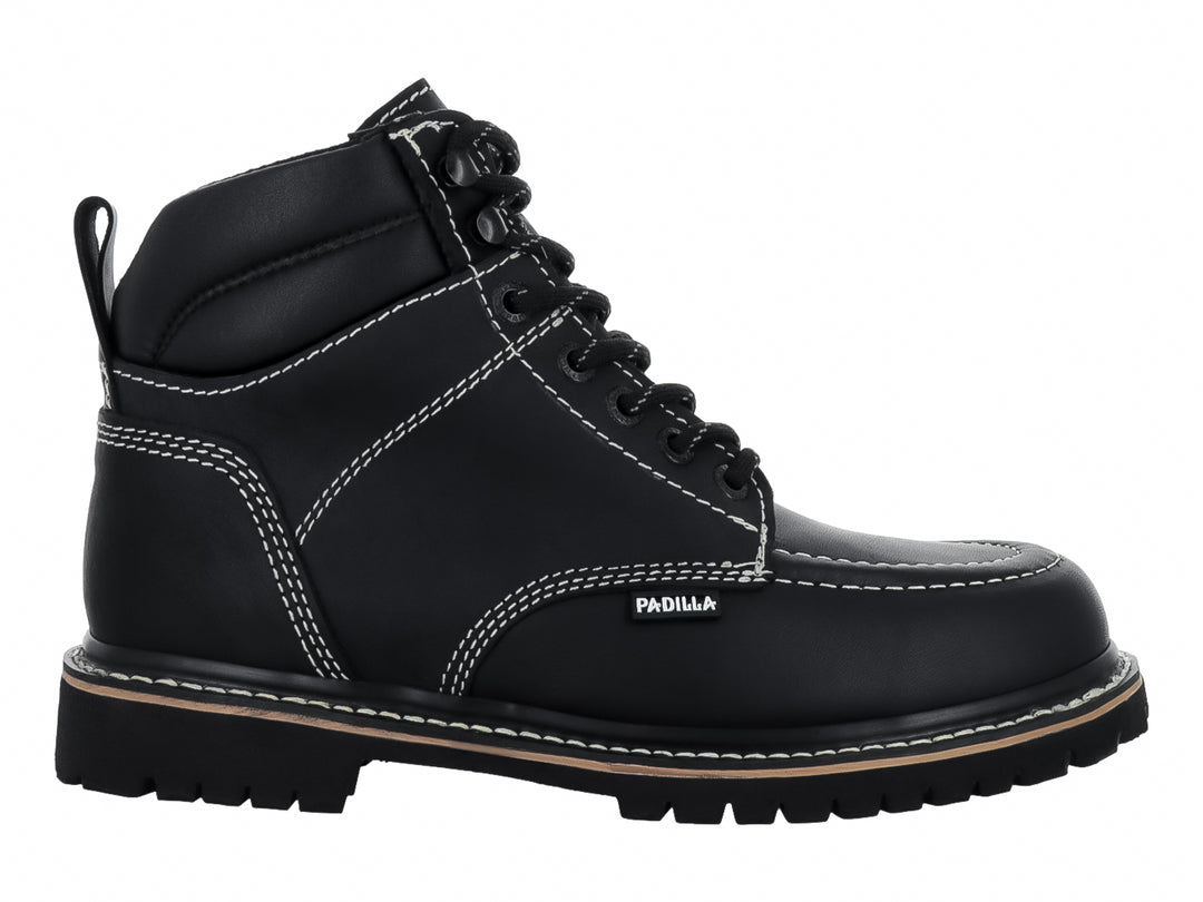 Bota industrial Padilla color negro con costuras blancas contrastantes y suela de hule resistente.