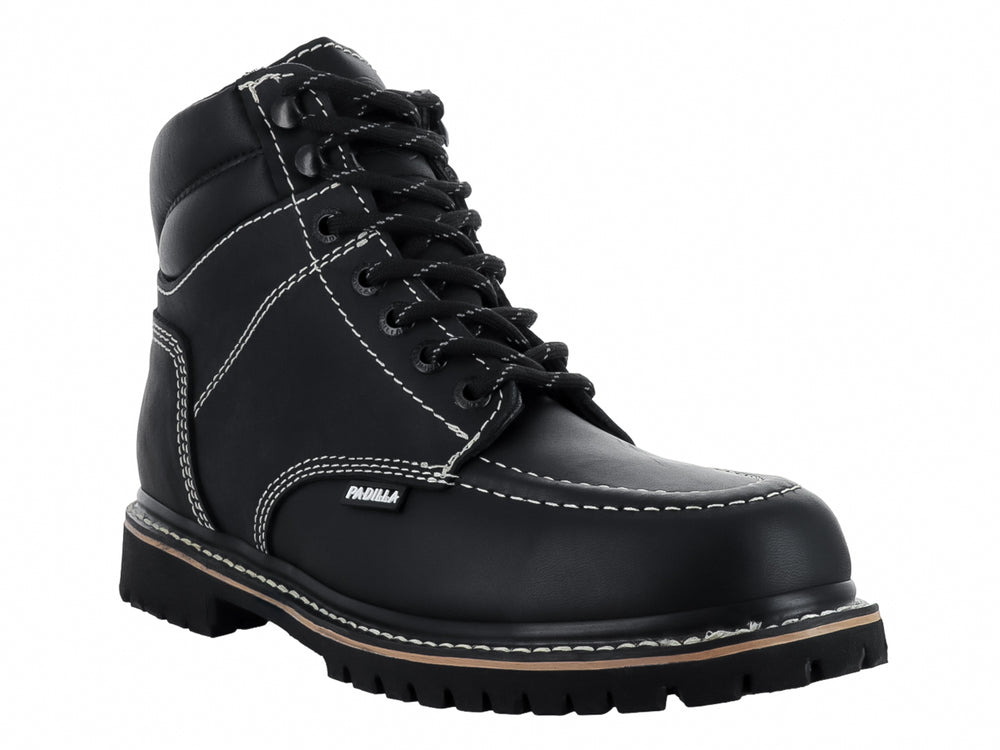 Bota industrial Padilla color negro con costuras blancas contrastantes y suela de hule resistente.