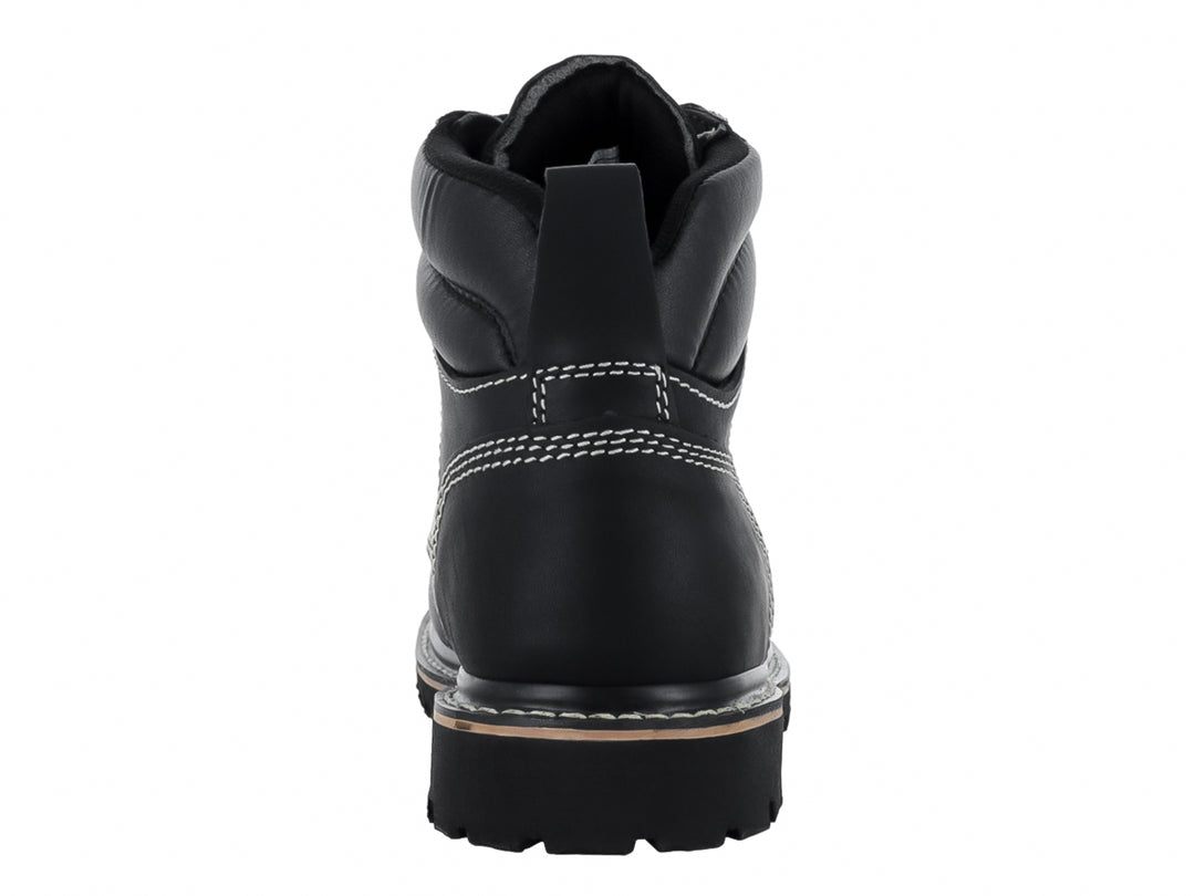 Bota industrial Padilla color negro con costuras blancas contrastantes y suela de hule resistente.