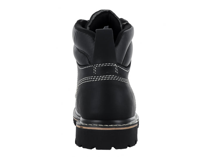 Bota industrial Padilla color negro con costuras blancas contrastantes y suela de hule resistente.