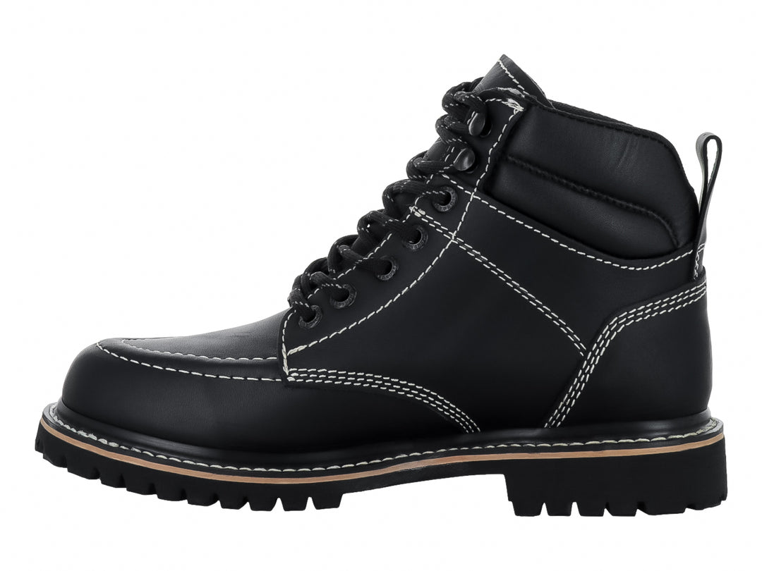 Bota industrial Padilla color negro con costuras blancas contrastantes y suela de hule resistente.