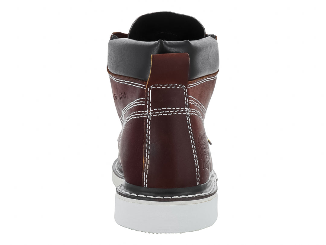 Bota industrial marca Padilla en color miel con suela blanca y costuras contrastantes blancas.