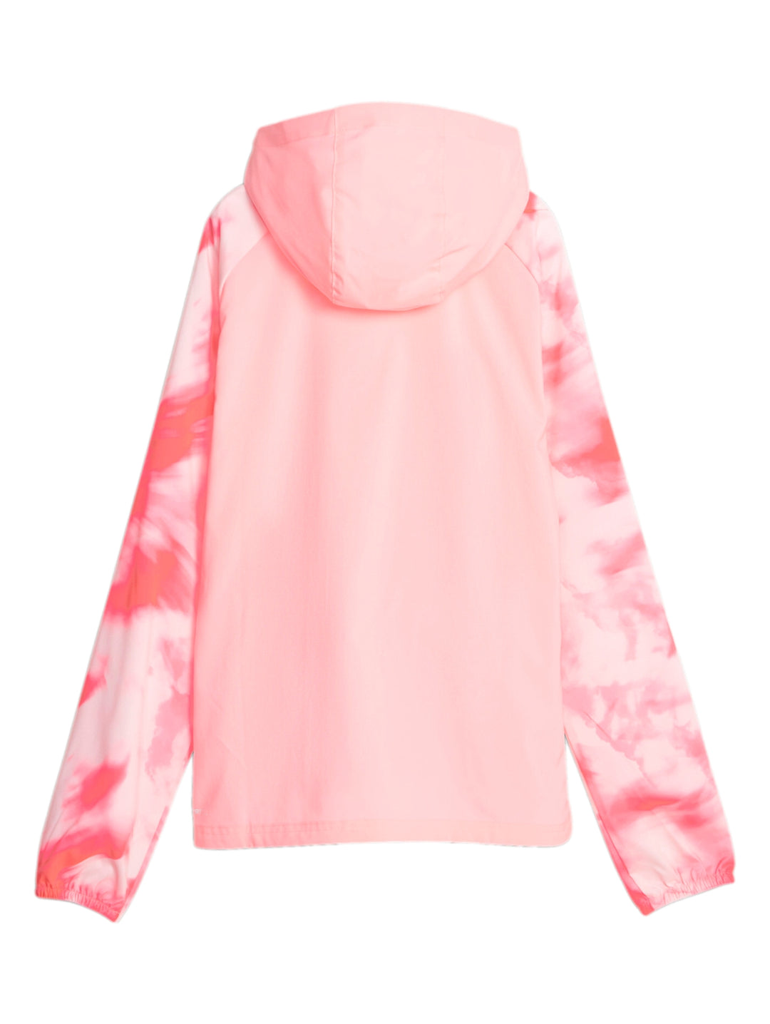 Chaqueta deportiva PUMA color rosa Koral Ice con capucha, cierre frontal y diseño tie-dye en las mangas.