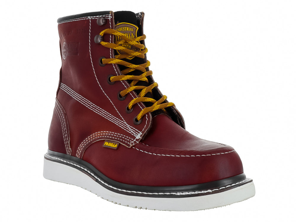 Bota industrial de cuero color miel con suela blanca y agujetas amarillas.