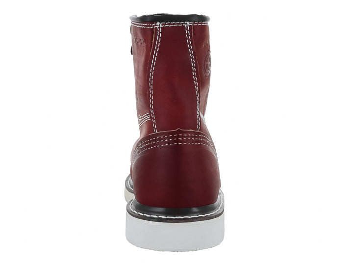 Bota industrial de cuero color miel con suela blanca y agujetas amarillas.