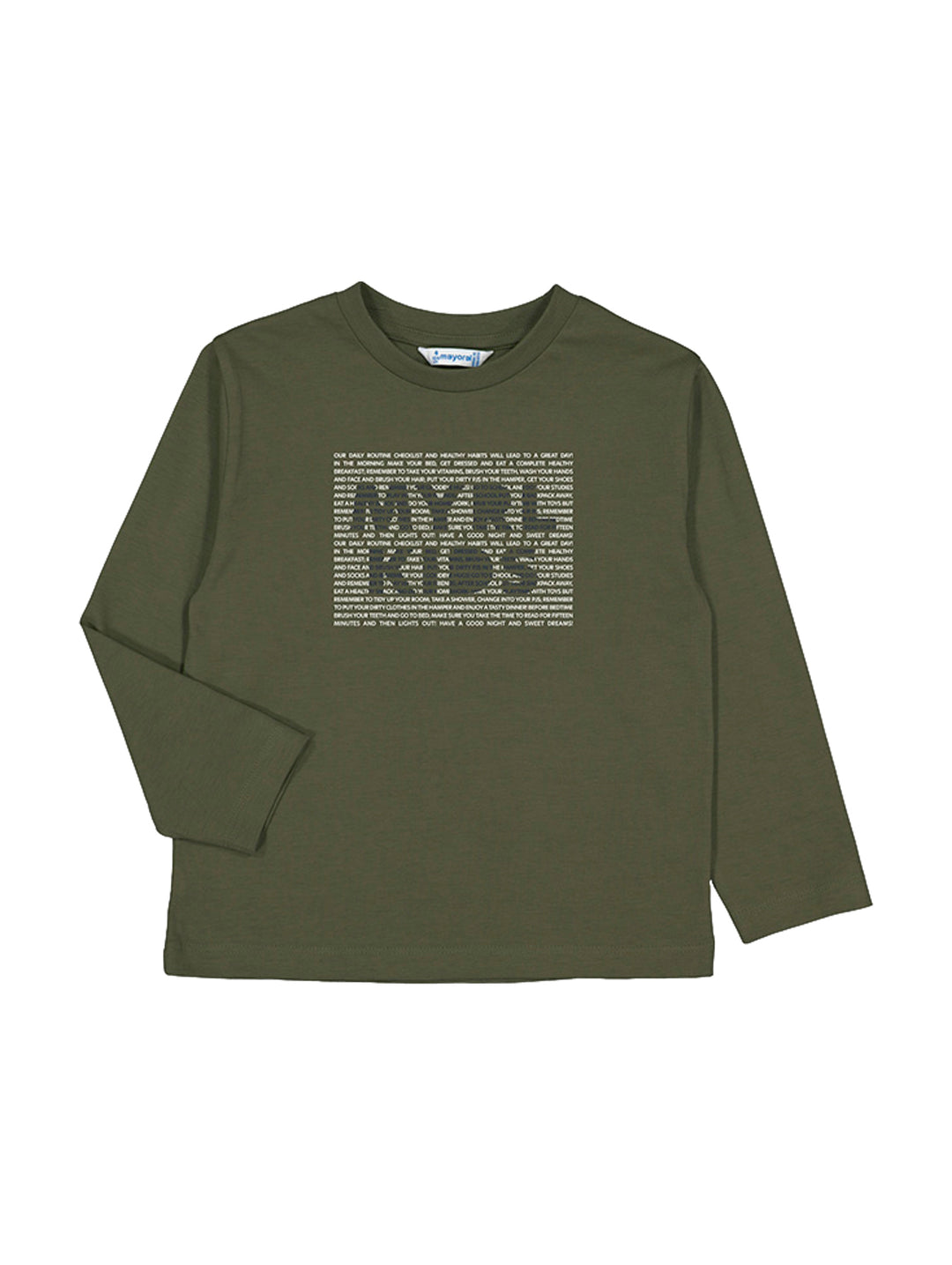 Camiseta de manga larga color verde orégano con estampado de texto blanco en el pecho para Niño.