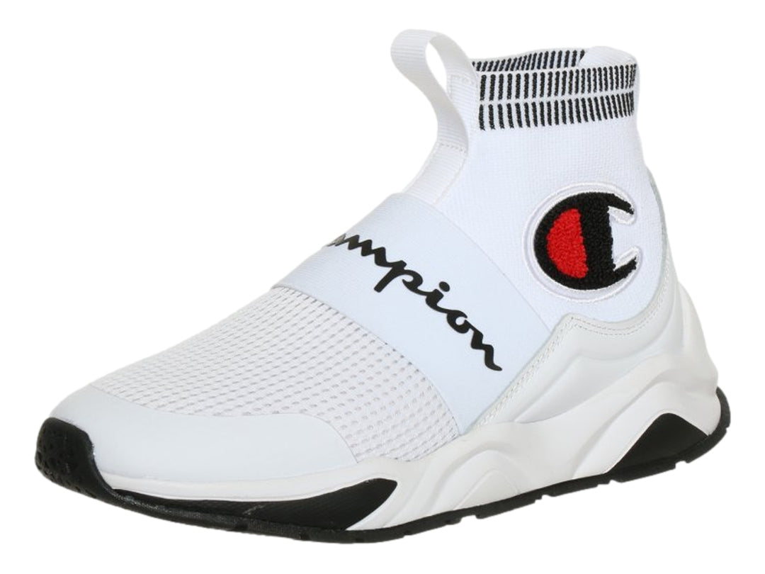 Tenis deportivos Champion blancos para niños con diseño tipo calcetín y suela gruesa.