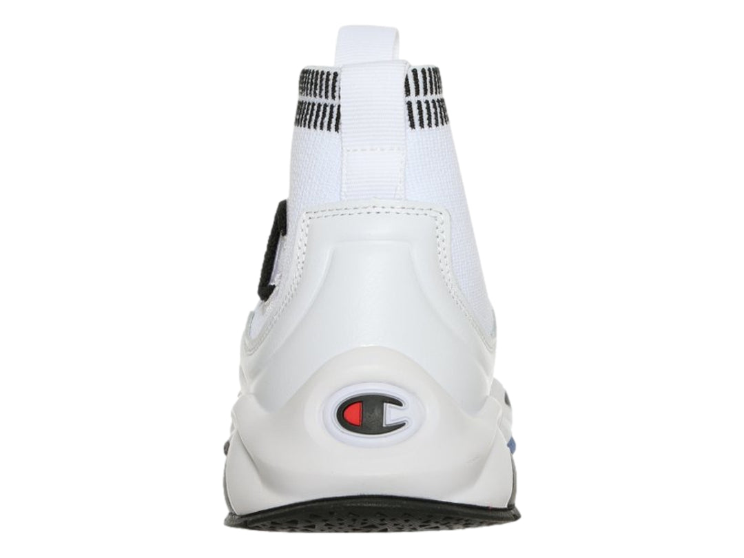Tenis deportivos Champion blancos para niños con diseño tipo calcetín y suela gruesa.