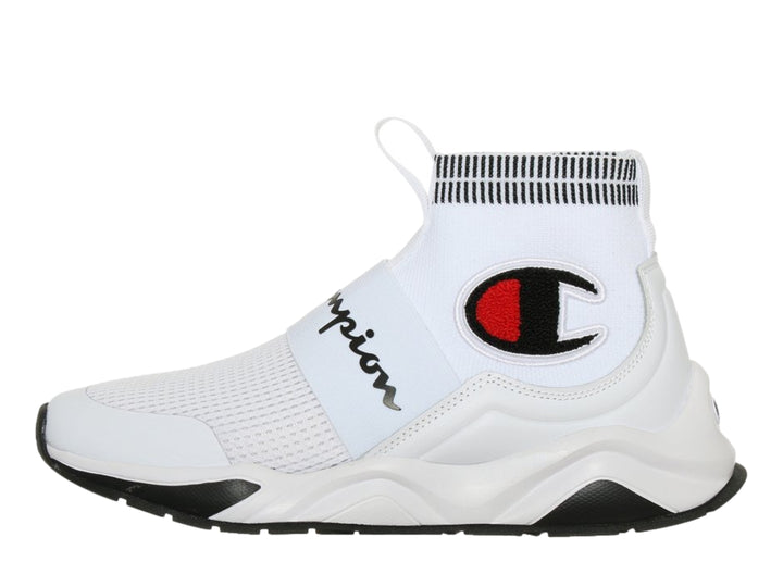 Tenis deportivos Champion blancos para niños con diseño tipo calcetín y suela gruesa.