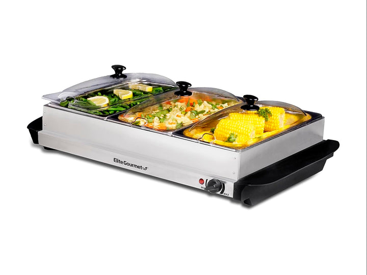 Bufetera eléctrica Elite Gourmet en color plata con tres divisiones y tapas de vidrio transparentes.