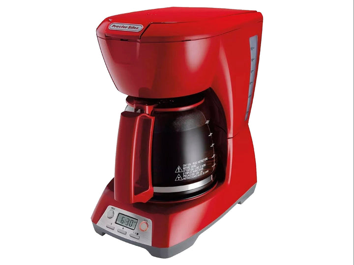 Cafetera Proctor Silex color rojo con jarra de vidrio y panel de control digital en la base.