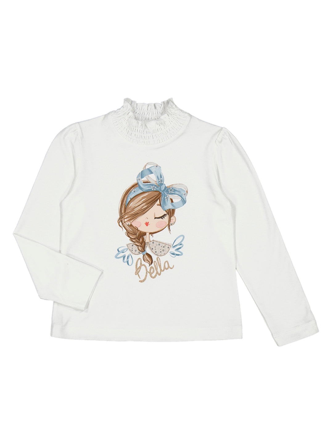 Blusa blanca de manga larga para niña con cuello fruncido y estampado frontal de una niña con moño azul.