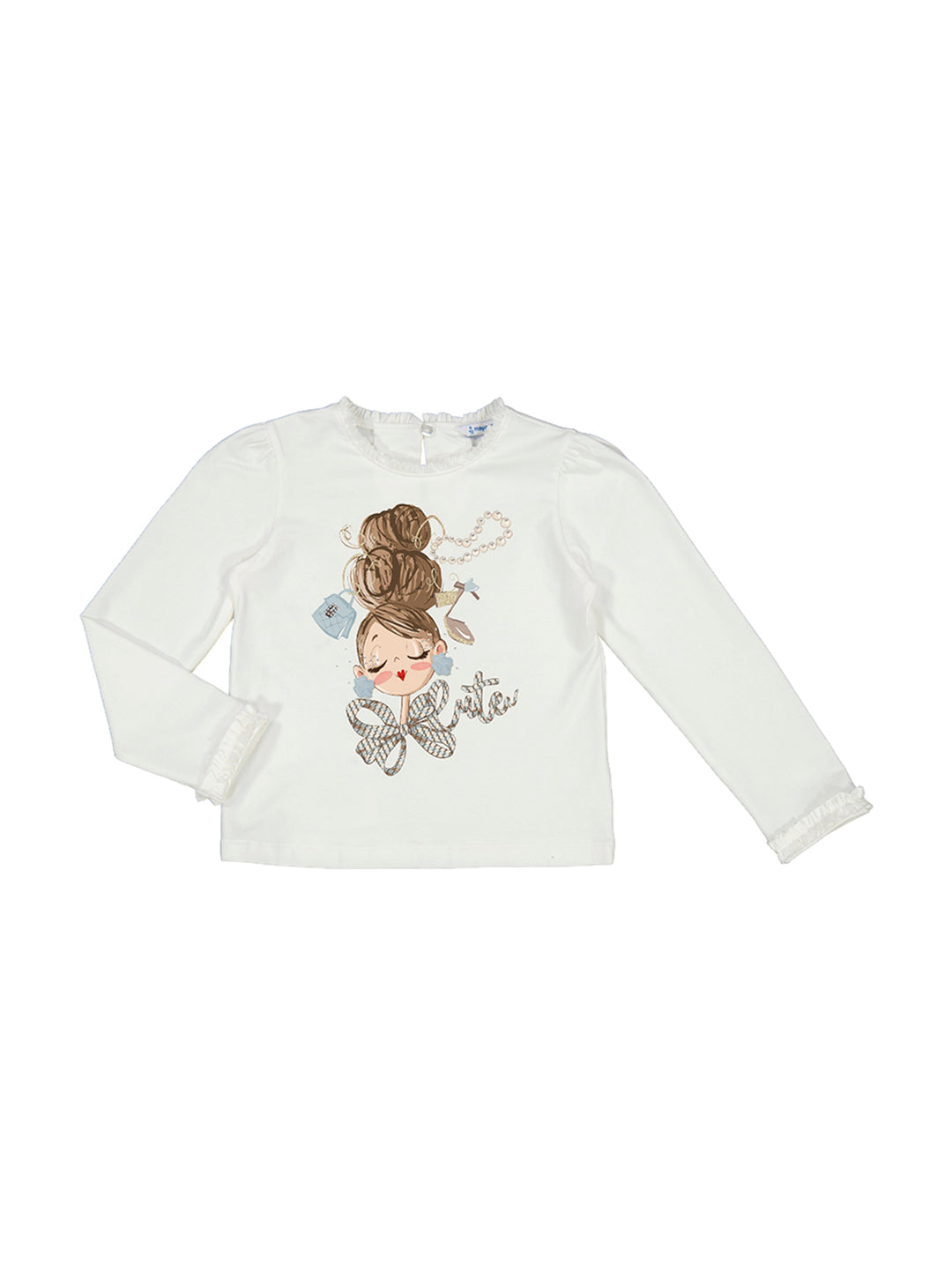 Camiseta blanca de manga larga para niña con estampado frontal de una niña y detalles de volantes en los puños.